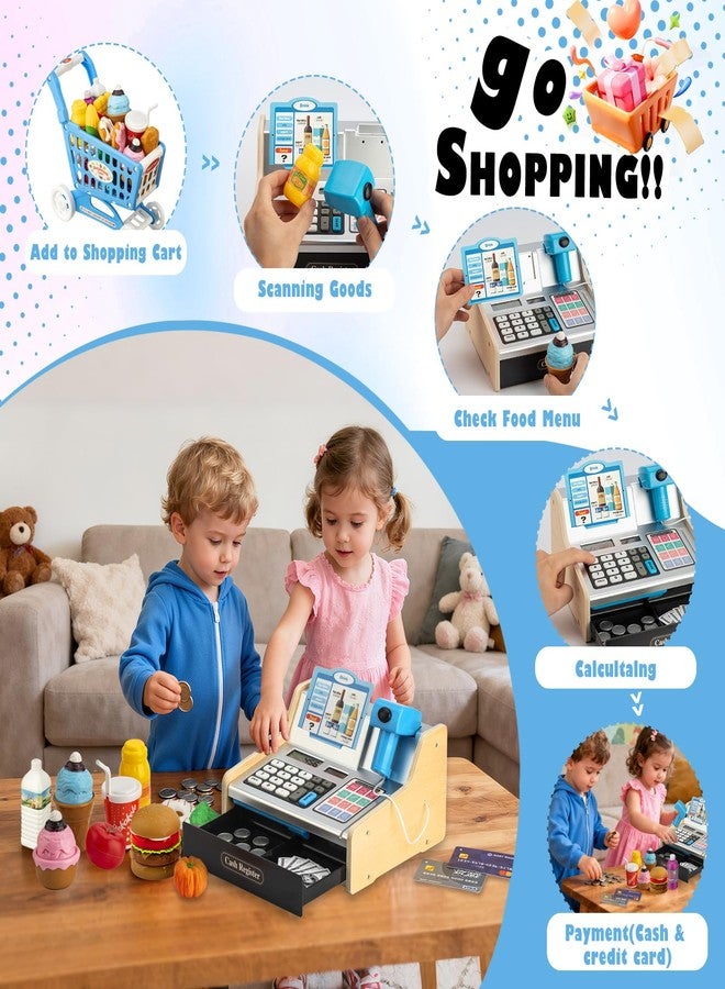 VROGTIK Wooden Cash Register for Kids with Shopping Cart Rechargeable Kid Cash Register with Scanner Gift for Kids Age 3 4 5 6 7 8 9 Year Old Pretend Play for Toddlers Toys for 3-12 Year Old Boys - Image 2